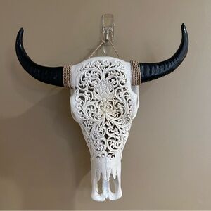 Carved Cow Skull With Black Horns